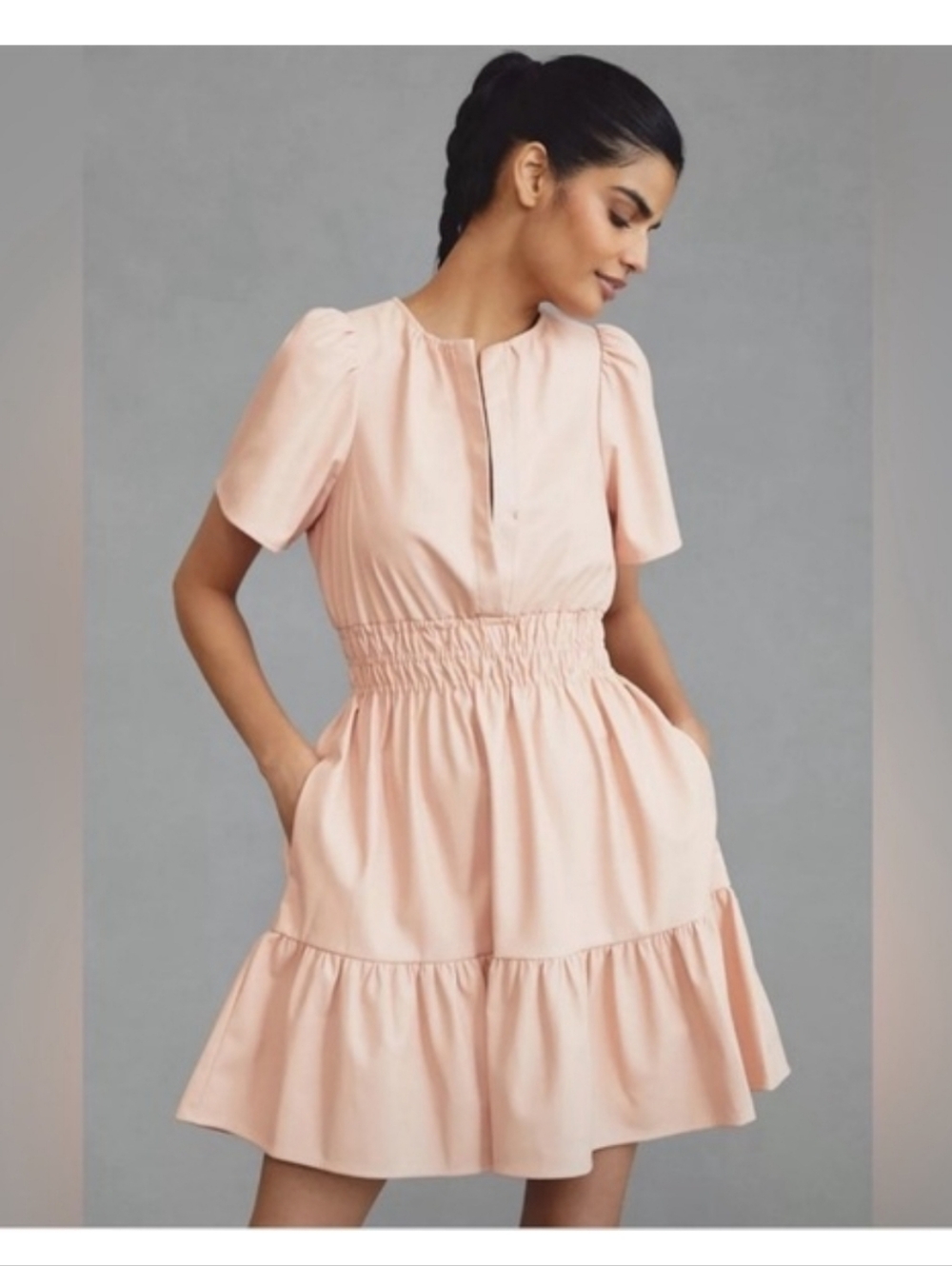 Anthropologie Somerset Vegan Leather Mini Dress Pink Rose Smocked Waist NWT - Picture 1 of 16